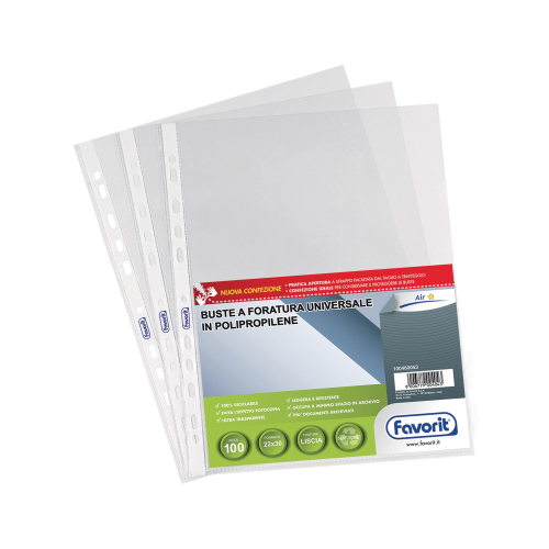 FAVORIT AIR SPECIAL BUSTA CON FORATURA UNIVERSALE IN PP LISCIA CM 22X30 TRASPARENTE CONF 100 Pz.